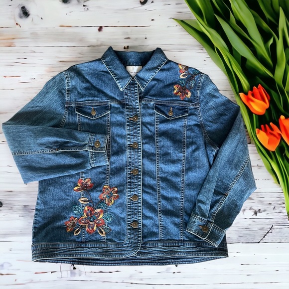Alfred Dunner Embroidered Denim Jean Shirt Jacket Floral - Picture 2 of 9